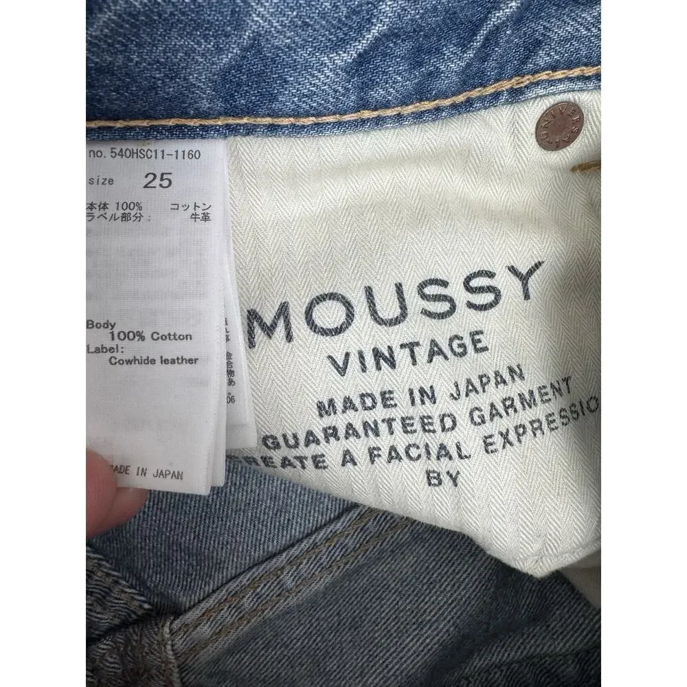 Moussy Vintage Graterford Long Denim Shorts Womens 25 Blue Button Fly Distressed